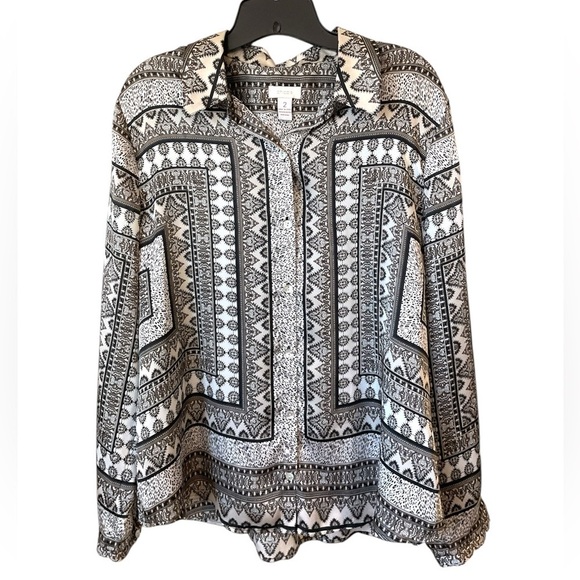 Chico’s Geometric Print Button Down Blouse Black White Size XL - Picture 1 of 6